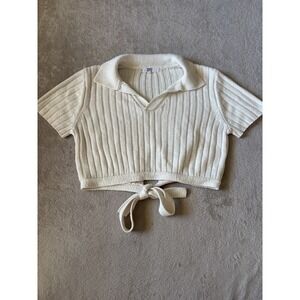 Madden‎ NYC Knit Polo Crop Top Tie Front Short Sleeve Collared Shirt XL